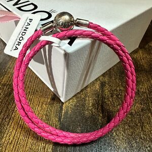 Authentic Pandora Raspberry Leather Double Braided Wrap Bracelet, SZ 23CM
